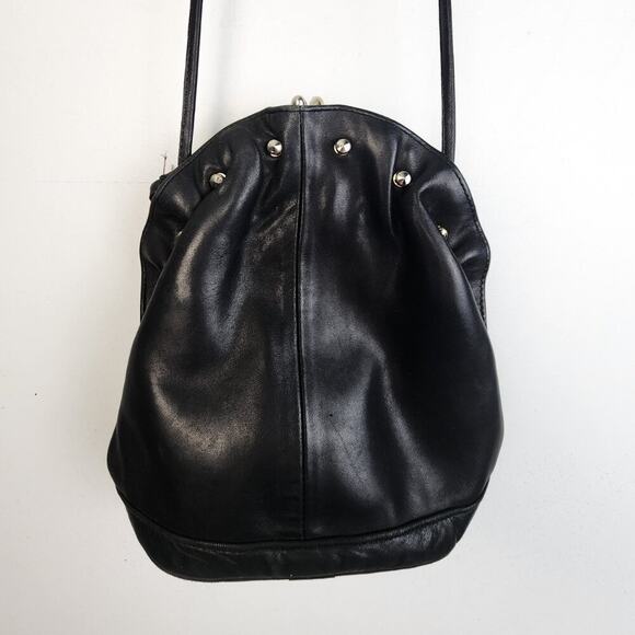 Ande Black Leather Clamshell Crossbody Purse 90s Classic Unique Quiet Luxury - Picture 6 of 7
